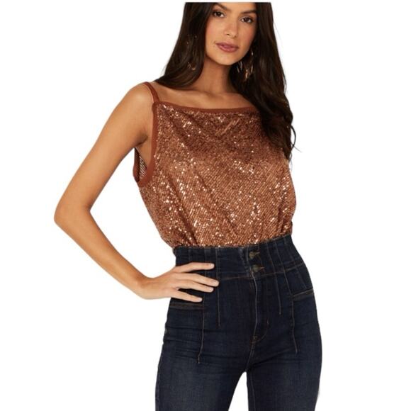 Free People NWOTS Shimmer & Shine Brown Sequin Bodysuit Top size large - Picture 1 of 11